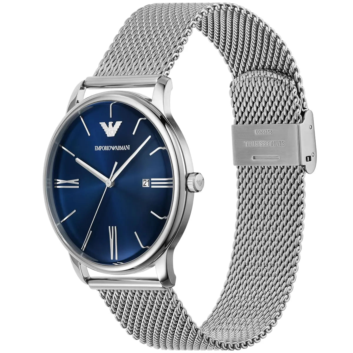 Emporio Armani AR11571 three-quarter view showing blue dial and mesh bracelet