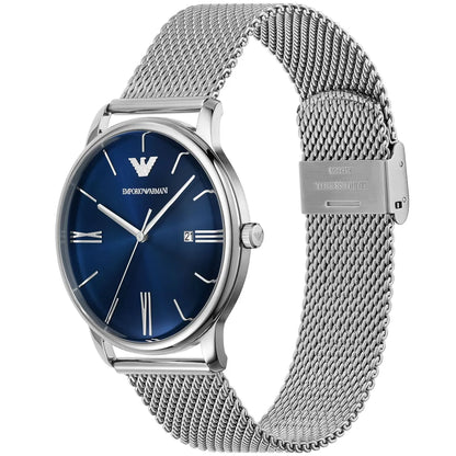 Emporio Armani AR11571 three-quarter view showing blue dial and mesh bracelet
