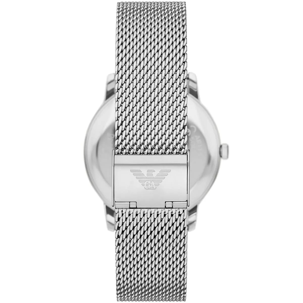 Emporio Armani AR11571 watch caseback with eagle logo and silver mesh strap
