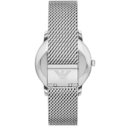Emporio Armani AR11571 watch caseback with eagle logo and silver mesh strap