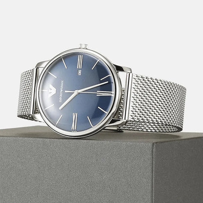 Emporio Armani AR11571 watch on wrist with blue dial and silver mesh bracelet