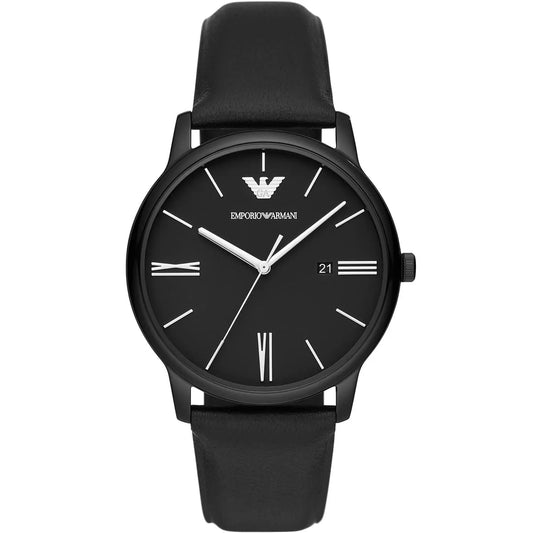 Emporio Armani AR11573 black dial watch with leather strap, three-hand display and date window
