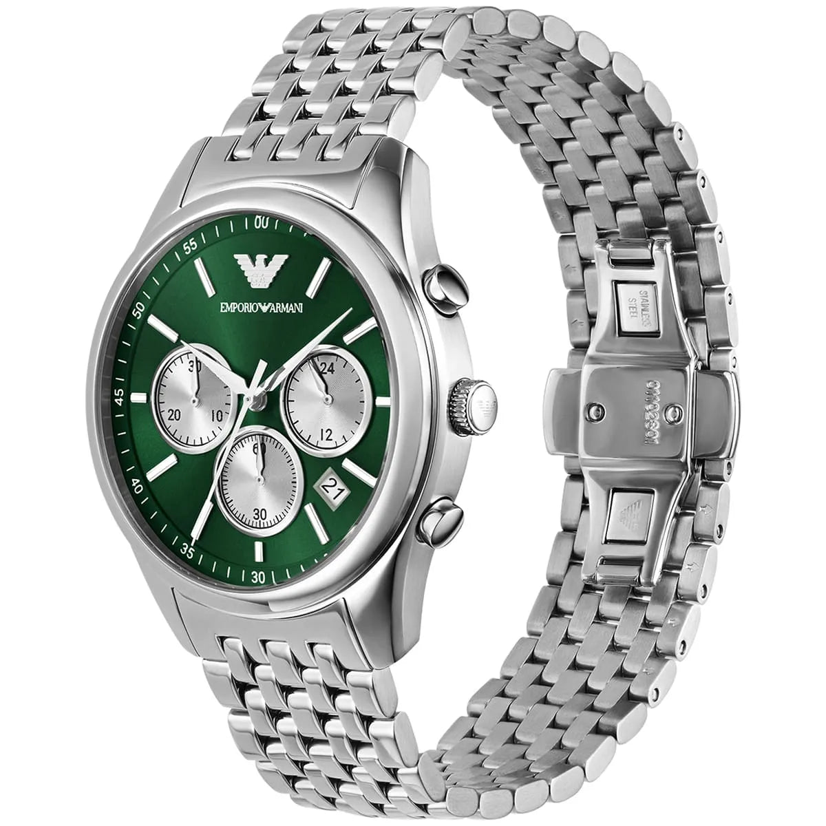 Emporio Armani Antonio watch angled view showing green dial with chronograph subdials and metal bracelet
