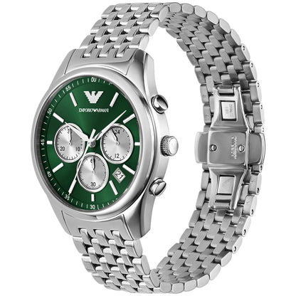 Emporio Armani Antonio watch angled view showing green dial with chronograph subdials and metal bracelet