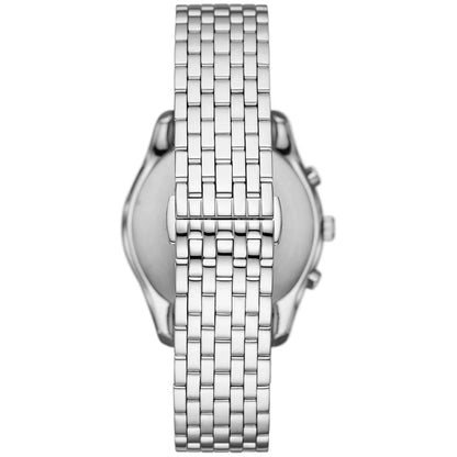 Back view of Emporio Armani Antonio chronograph showing stainless steel case back