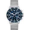 Emporio Armani AR11587 diver chronograph watch with blue dial and silver mesh strap