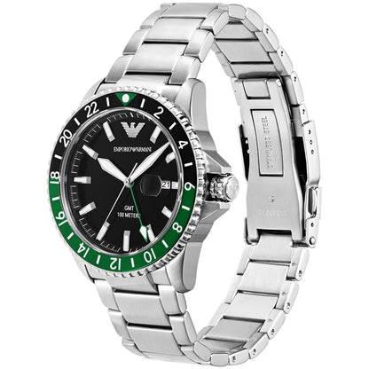 AR11589 side angle view showing silver stainless steel bracelet and case