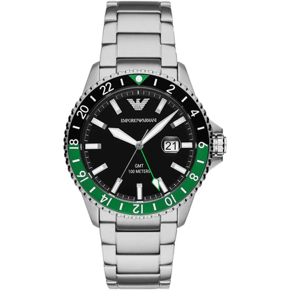 Emporio Armani AR11589 GMT diver watch with black dial and green bezel
