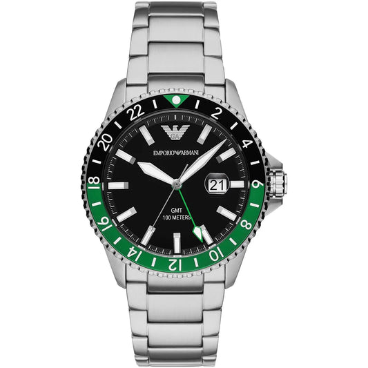 Emporio Armani AR11589 GMT diver watch with black dial and green bezel