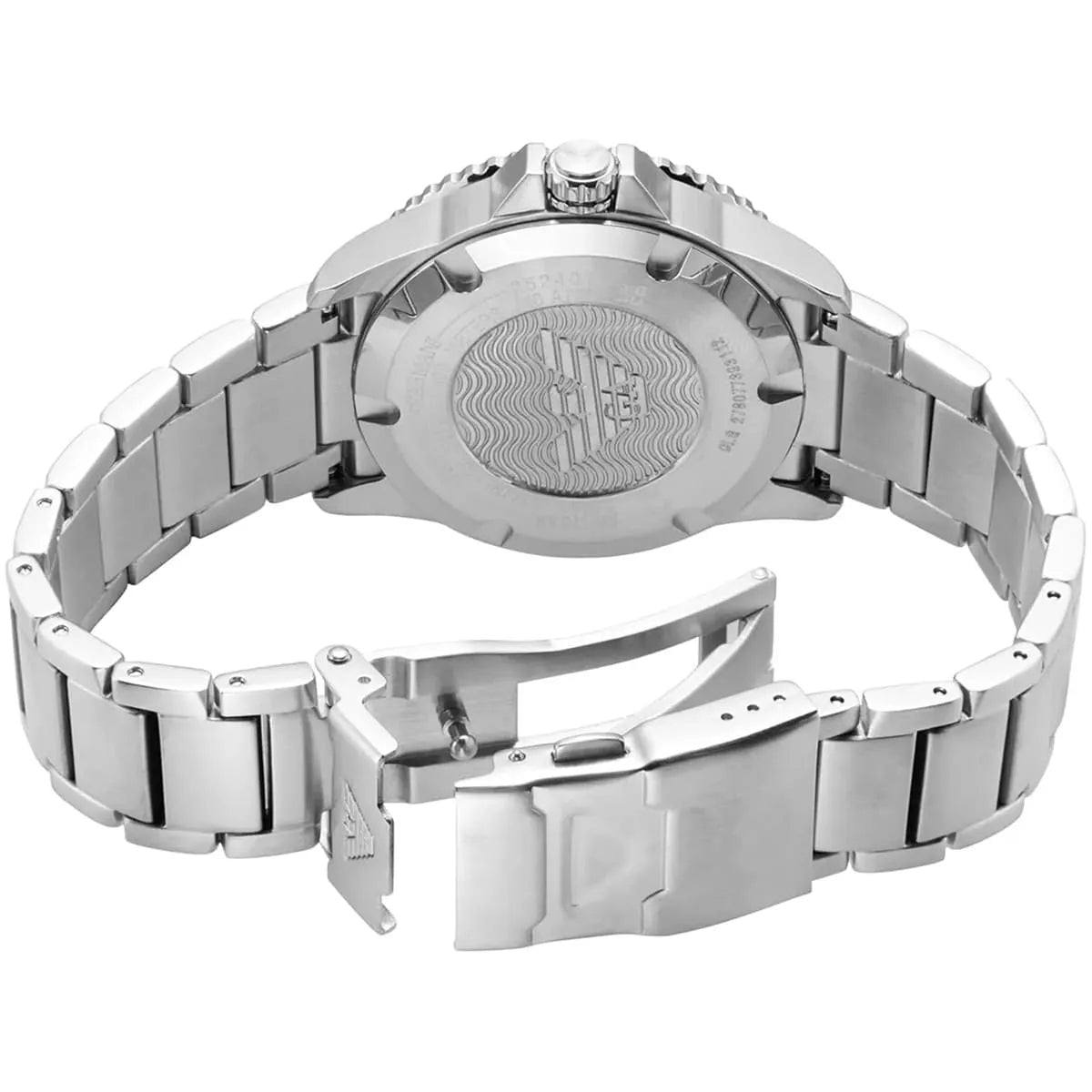 Emporio Armani watch caseback showing stainless steel with engraved eagle logo and case details