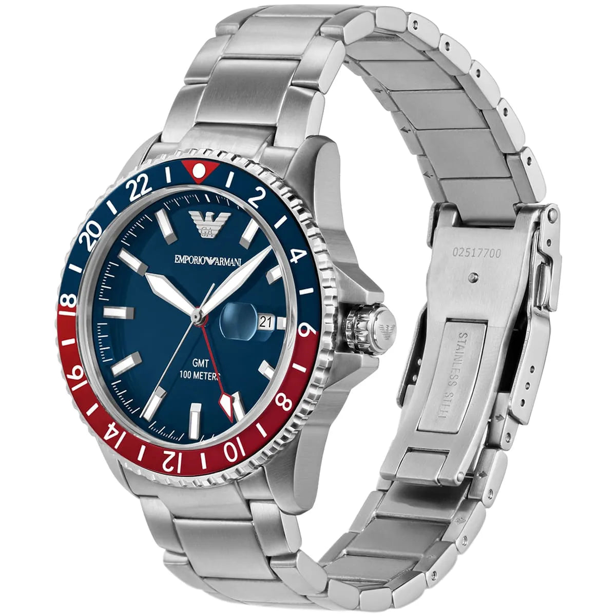 Emporio Armani AR11590 diver GMT watch angled view showing blue dial, red/blue bezel, and stainless steel bracelet