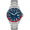 Emporio Armani Diver GMT watch with dark blue dial, red and blue bezel, white hands, stainless steel case and bracelet