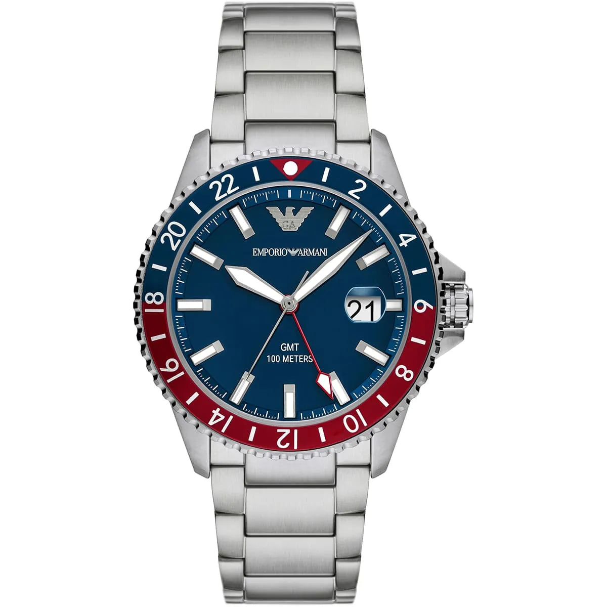 Emporio Armani Diver GMT watch with dark blue dial, red and blue bezel, white hands, stainless steel case and bracelet