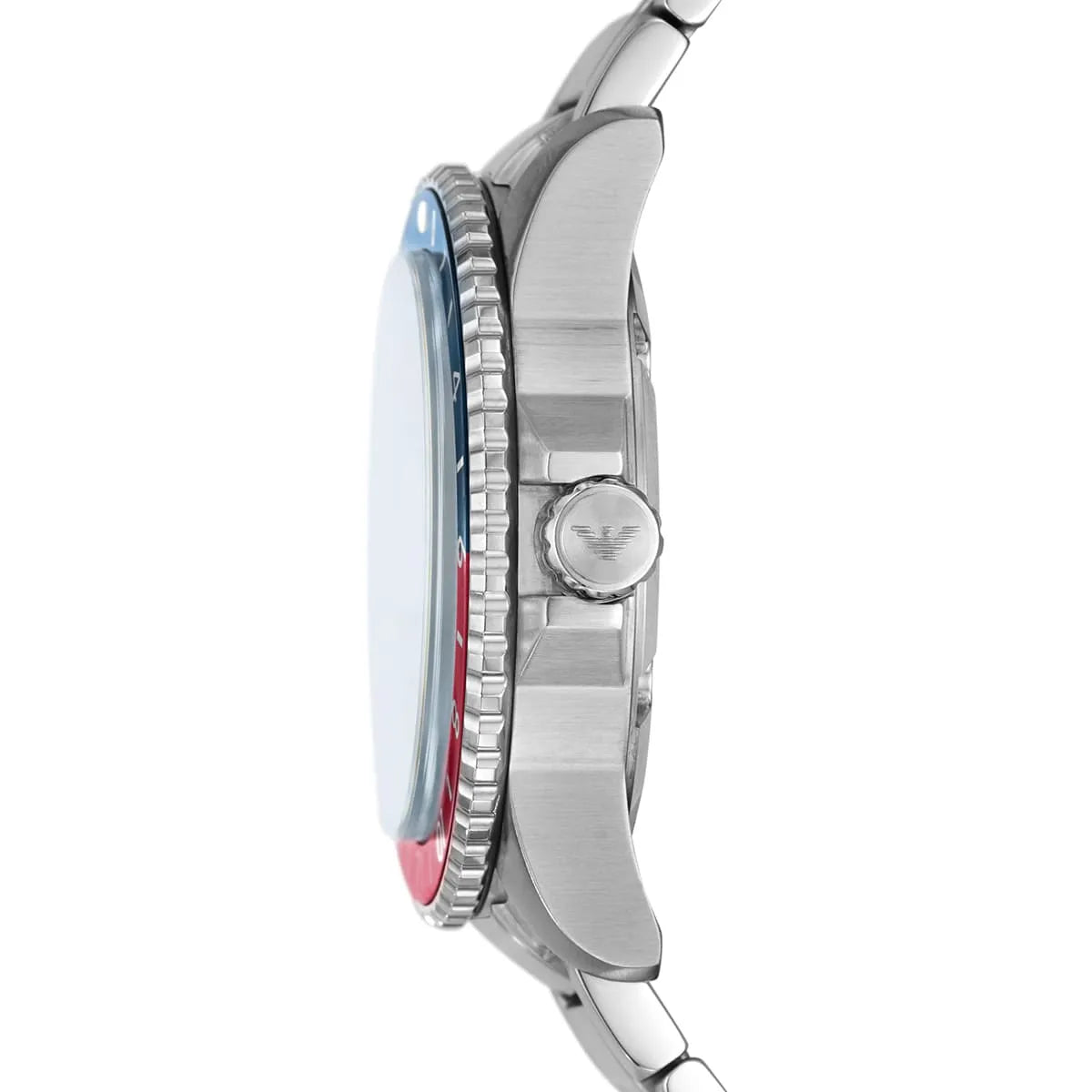 Emporio Armani diver GMT watch side angle view displaying dark blue dial, red bezel section, and metal bracelet
