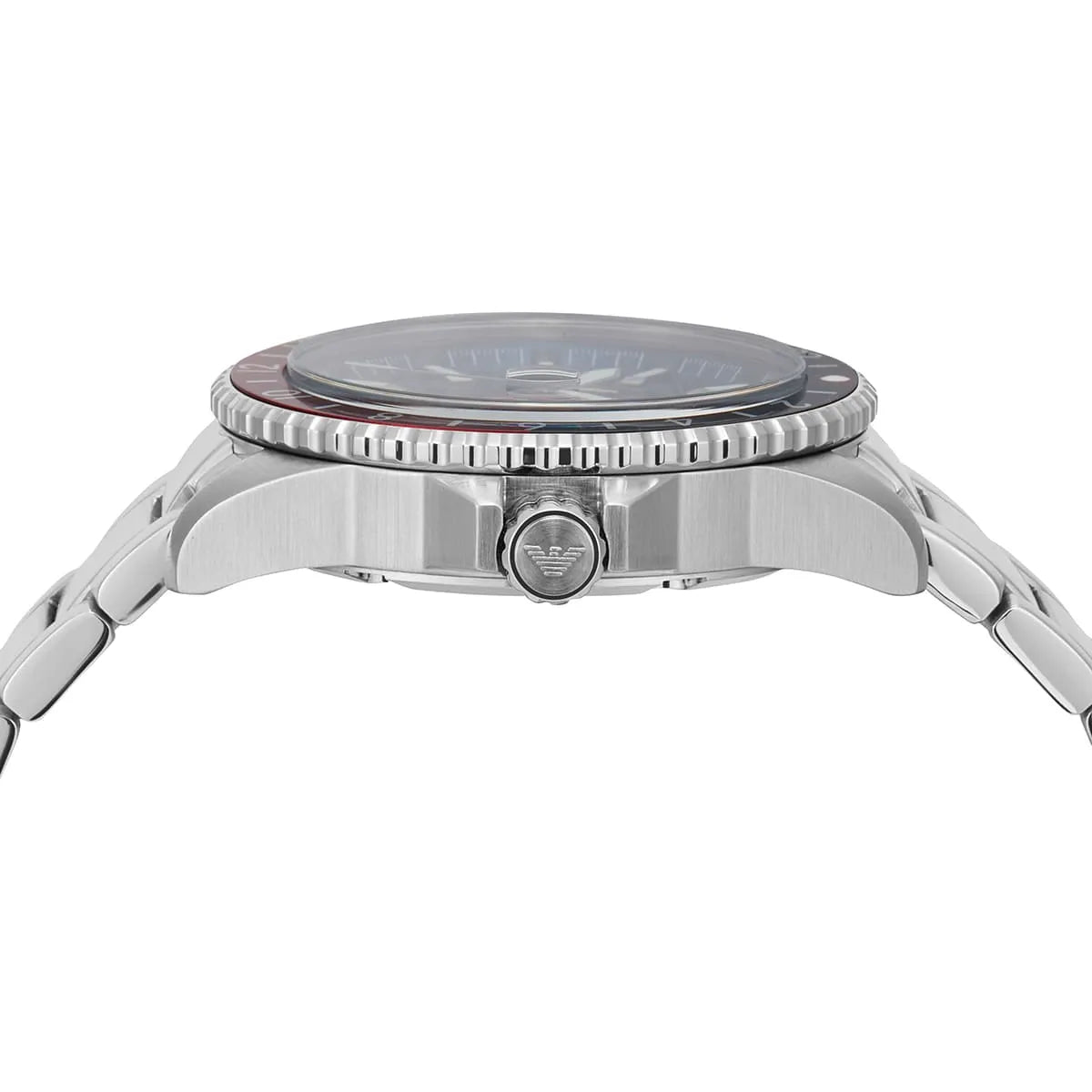 Side profile of Emporio Armani diver watch showing stainless steel case, bezel, and bracelet