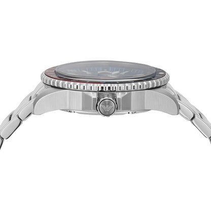 Side profile of Emporio Armani diver watch showing stainless steel case, bezel, and bracelet