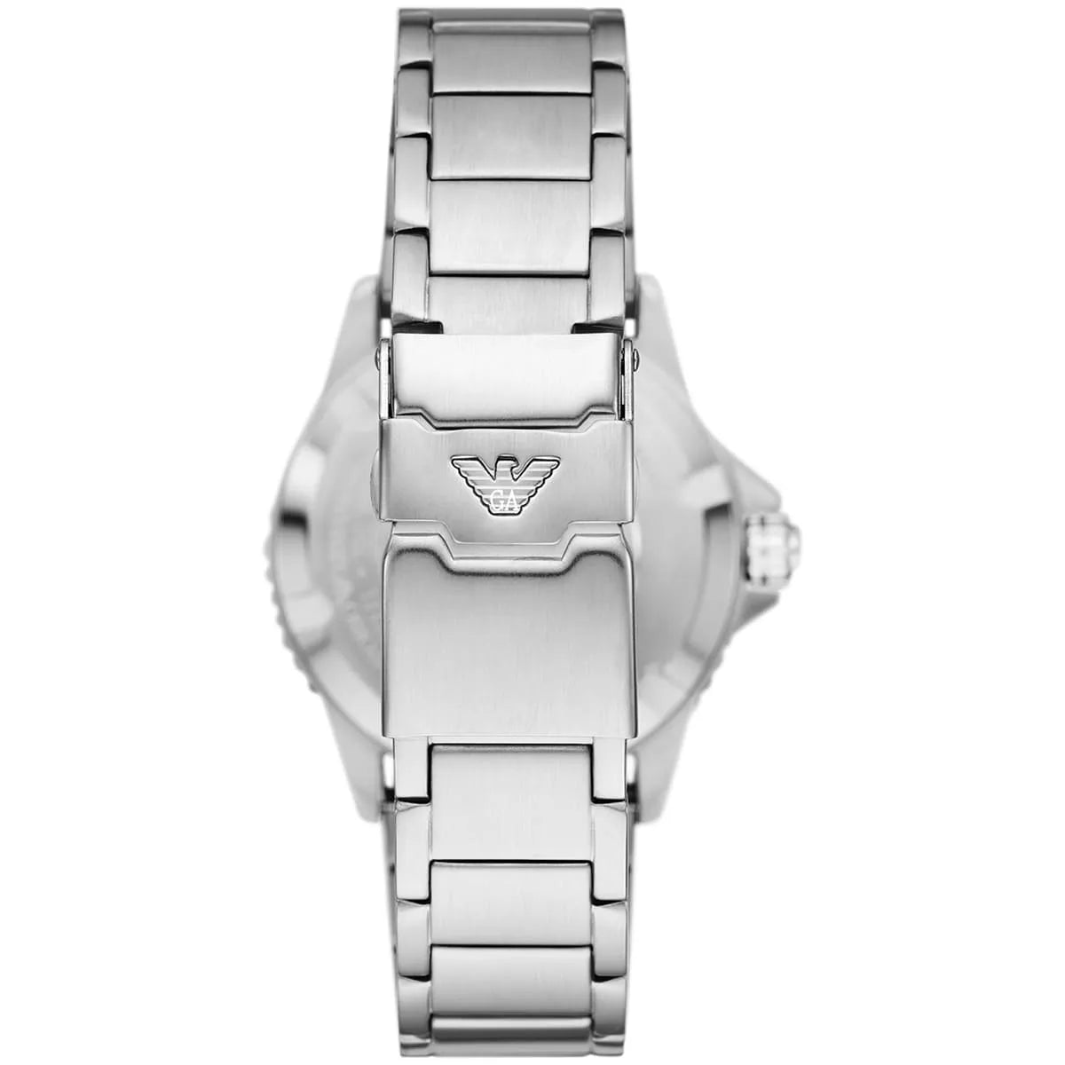 Emporio Armani AR11590 watch bracelet showing stainless steel links and fold-over clasp with eagle logo