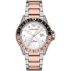 Emporio Armani AR11591 Diver GMT watch with white sunray dial, two-tone silver and rose-gold stainless steel case and bracelet