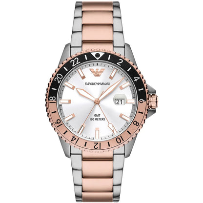 Emporio Armani AR11591 Diver GMT watch with white sunray dial, two-tone silver and rose-gold stainless steel case and bracelet