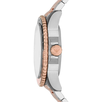 AR11591 Emporio Armani Diver GMT side view showing case lugs and two-tone bracelet