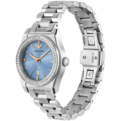 Emporio Armani Federica angled view showing full watch with blue dial and silver metal bracelet