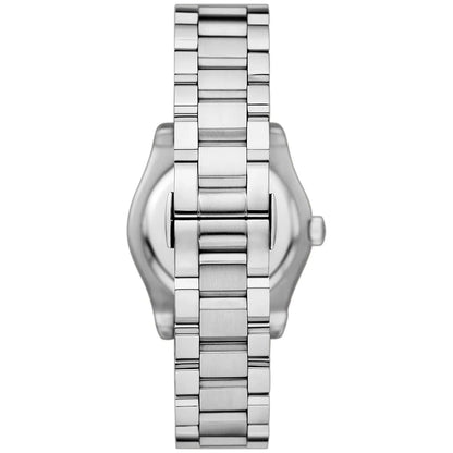 Emporio Armani Federica caseback showing stainless steel bracelet links and crown