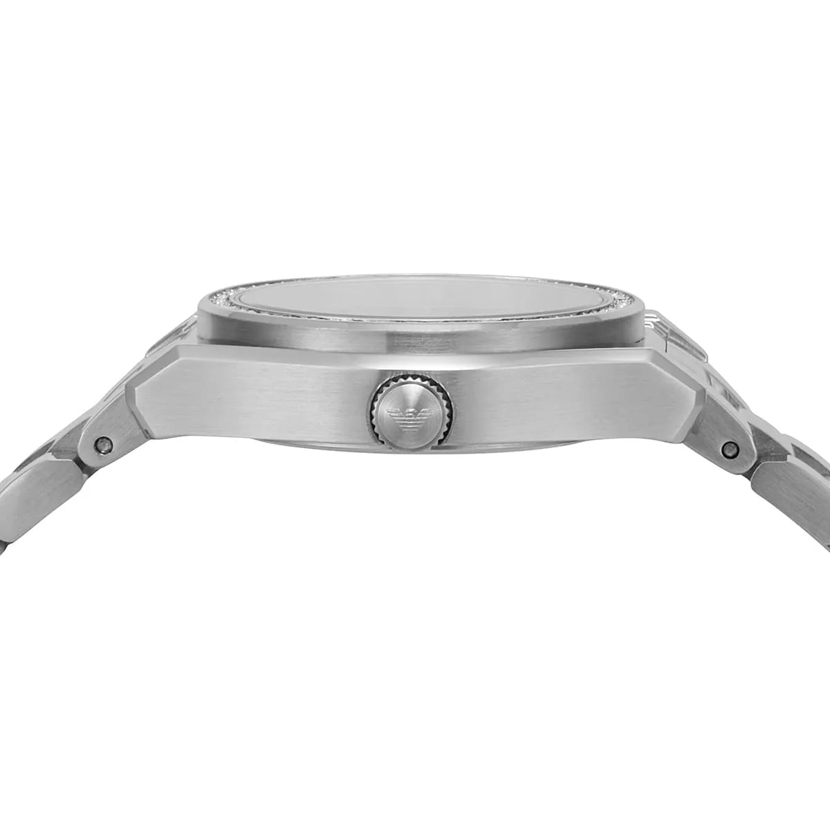 Top view of Emporio Armani Federica watch case showing crown and bezel detail
