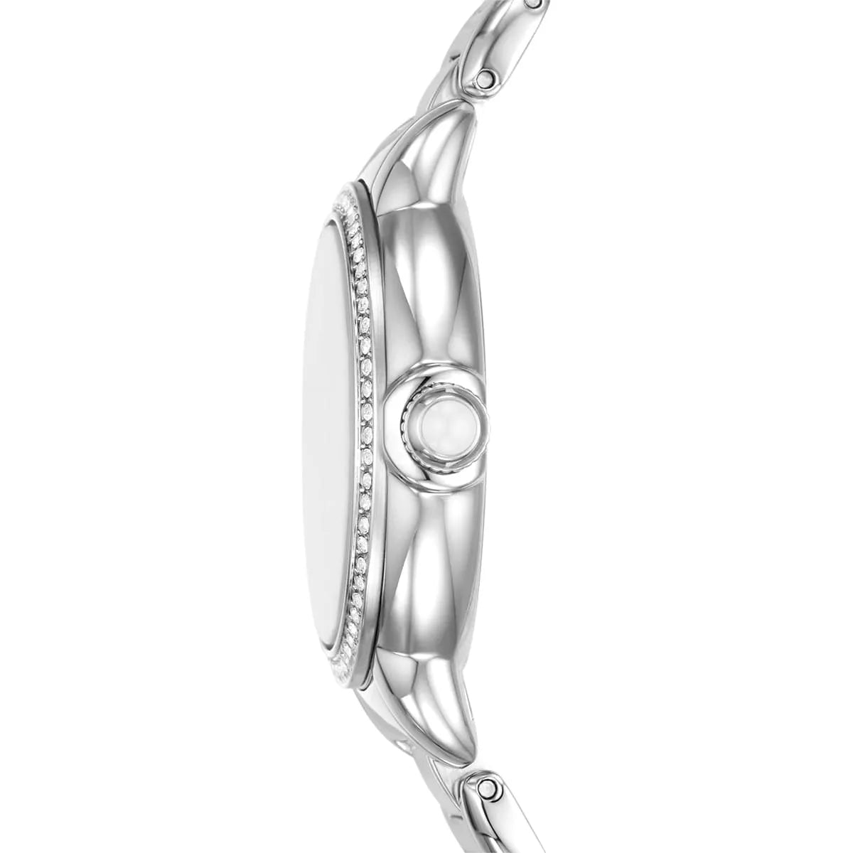 Emporio Armani Mia AR11596 watch side angle showing case thickness and crystal-set bezel