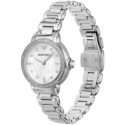 Emporio Armani Mia AR11596 watch 45-degree angle view showing mother-of-pearl dial and metal bracelet