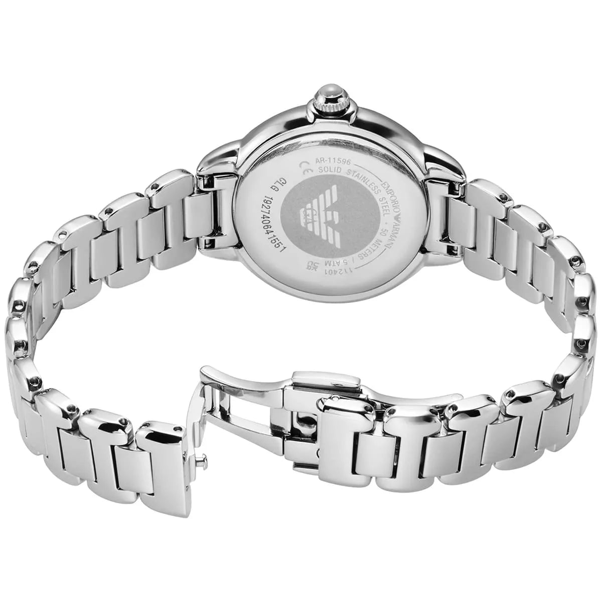 Emporio Armani Mia AR11596 watch caseback with Emporio Armani logo and metal bracelet