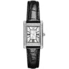 Emporio Armani Genni women's watch with rectangular silver case, crystal bezel, white dial with Roman numerals, and black leather strap