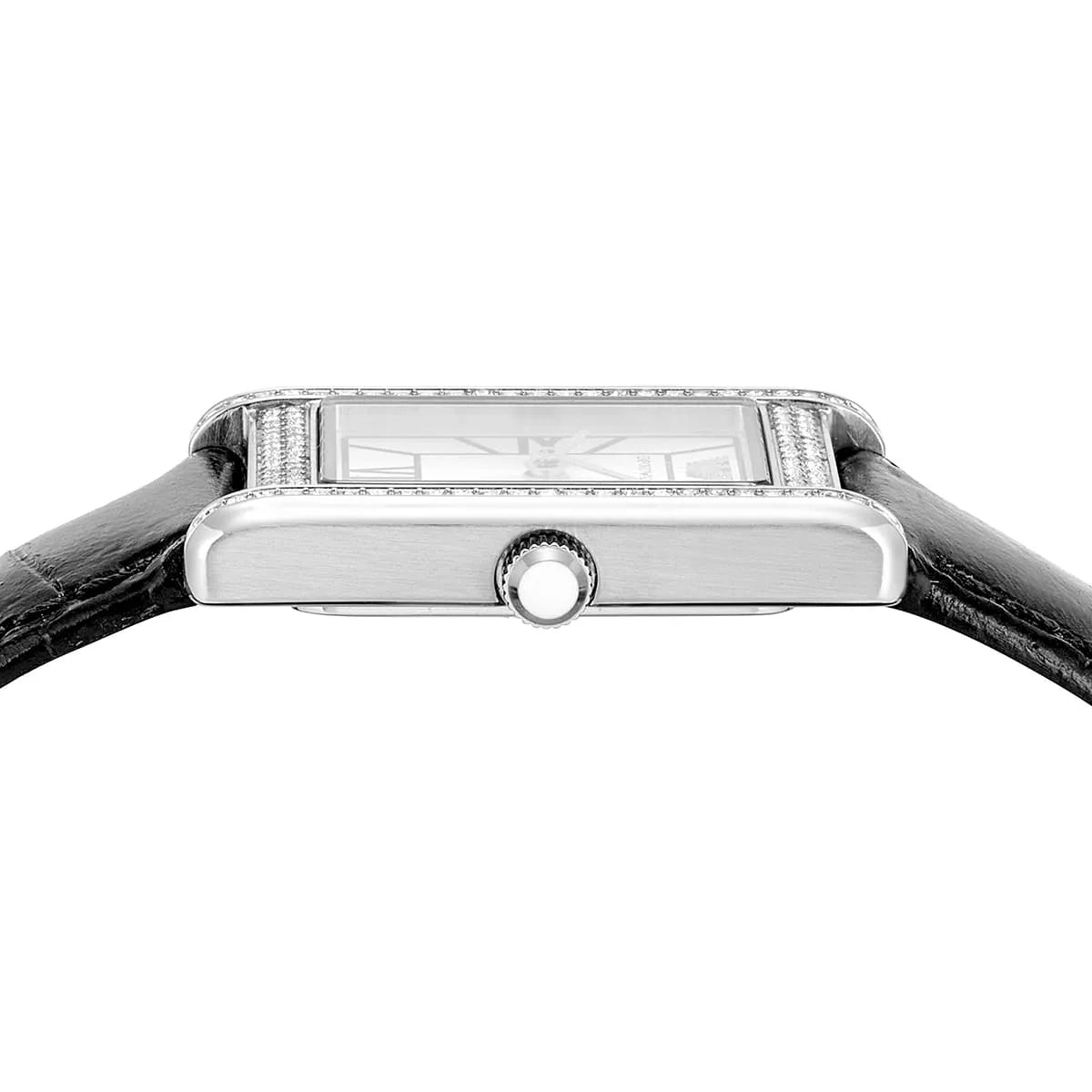 Emporio Armani Genni women's watch side profile showing slim rectangular case thickness and crown