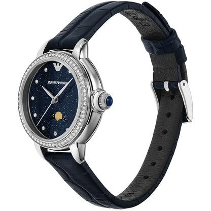 Side angle view of AR11629 women's watch showing moonphase dial and navy leather strap