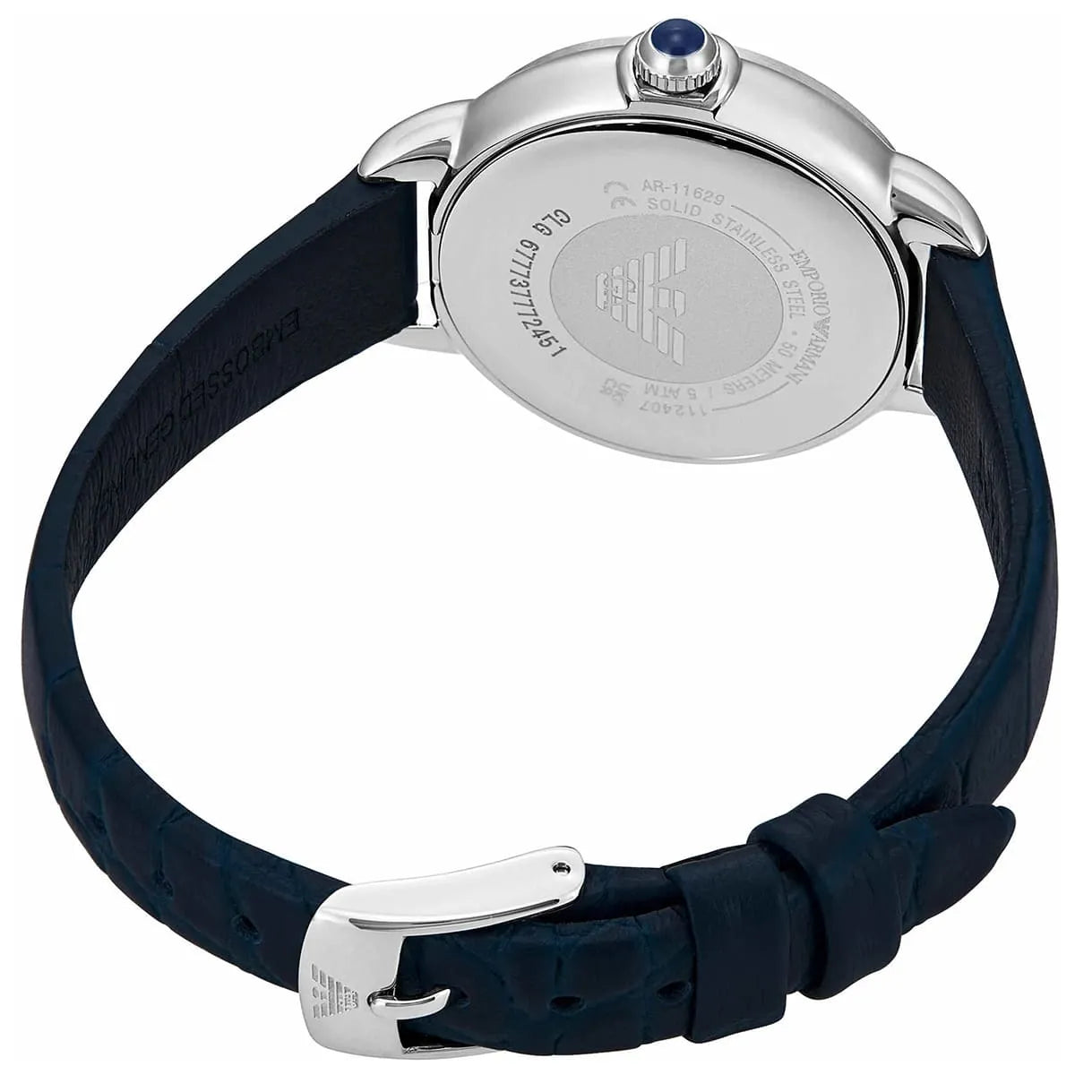 Caseback of AR11629 women's watch with Emporio Armani branding and specifications
