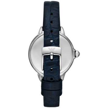 Back view of AR11629 women's watch showing navy leather strap and buckle closure