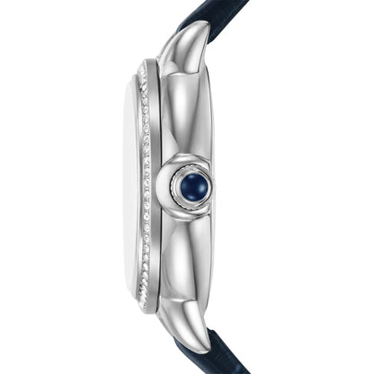 Side profile of AR11629 women's watch showing crown and silver case with blue strap