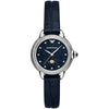 Emporio Armani AR11629 women's watch with moonphase blue dial, crystal bezel, and navy leather strap