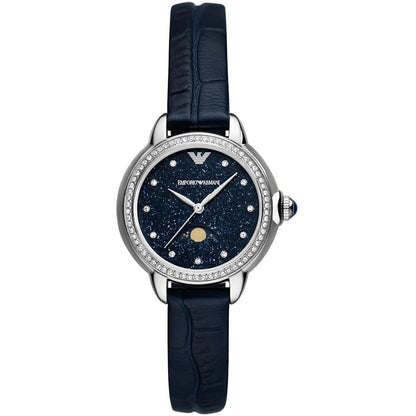 Emporio Armani AR11629 women's watch with moonphase blue dial, crystal bezel, and navy leather strap