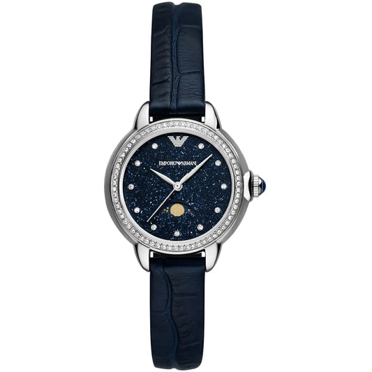 Emporio Armani AR11629 women's watch with moonphase blue dial, crystal bezel, and navy leather strap