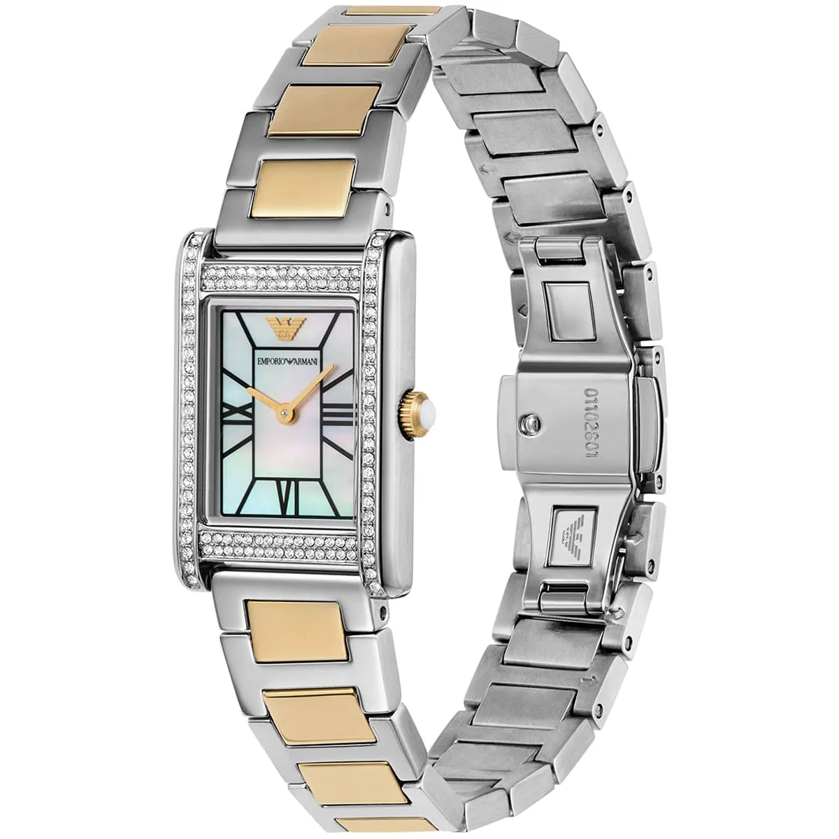 Two-tone stainless steel and gold bracelet with clasp detail on Emporio Armani Genni watch