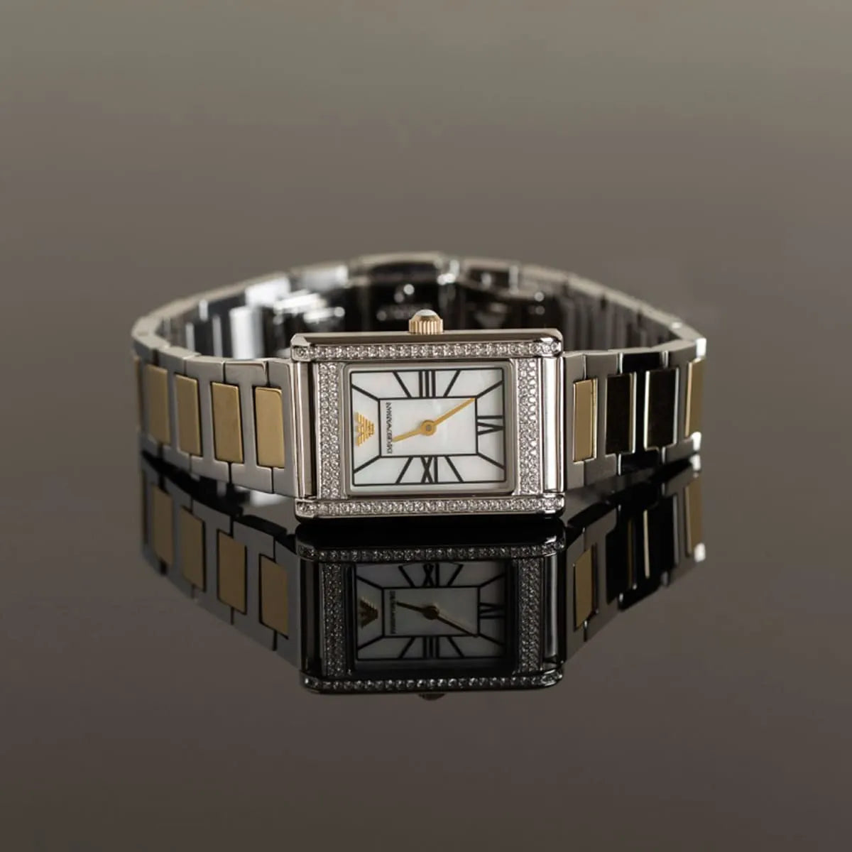 Emporio Armani Genni rectangular watch with white dial and crystal-set case