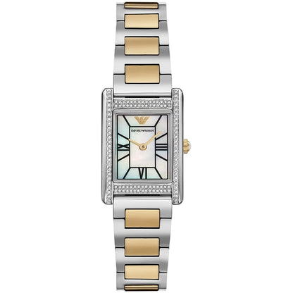 Emporio Armani Genni women's watch with white MOP dial, crystal bezel, and two-tone bracelet