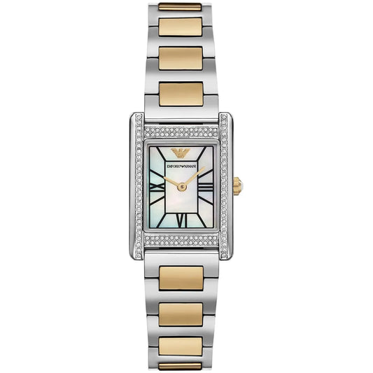 Emporio Armani Genni women's watch with white MOP dial, crystal bezel, and two-tone bracelet