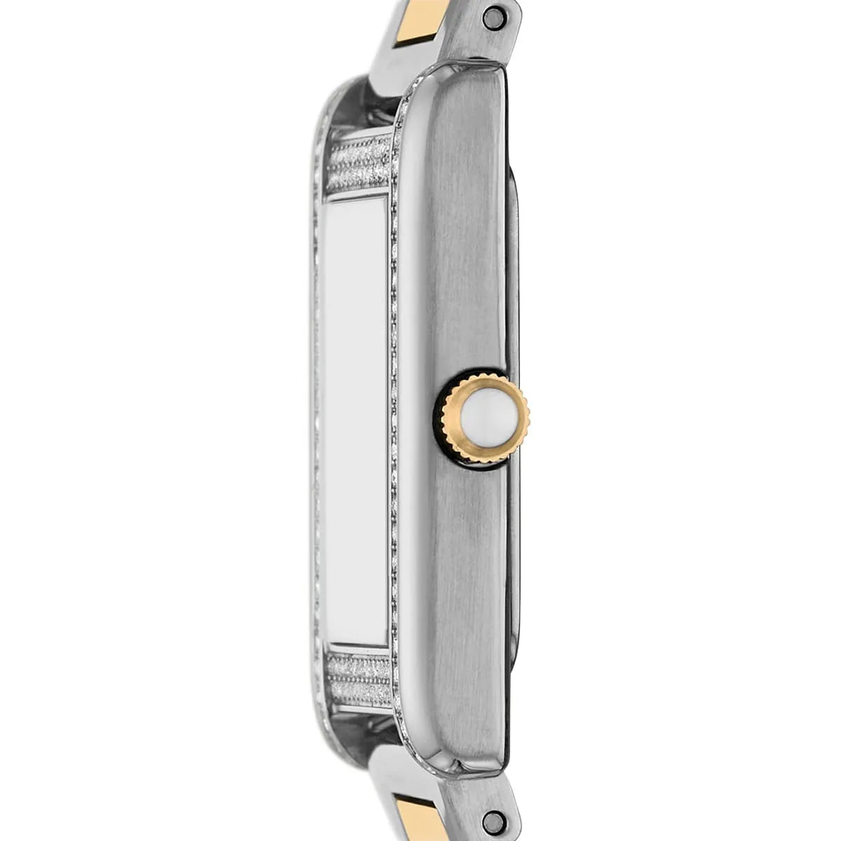 Emporio Armani Genni side view showing crystal-set bezel and deployant bracelet clasp
