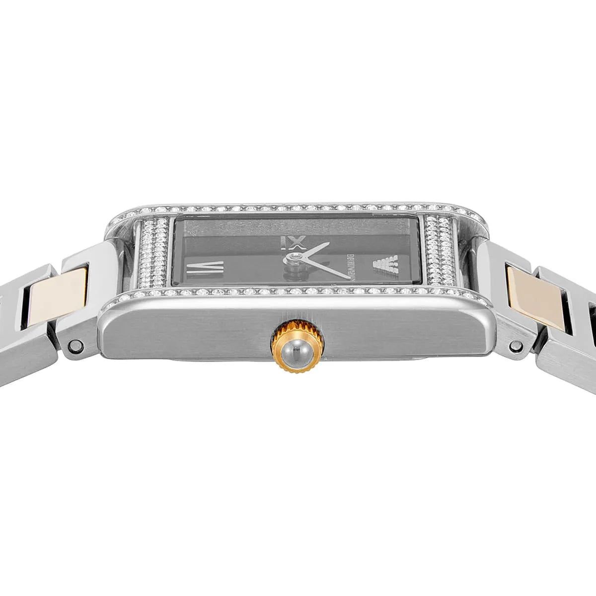 Side profile of Emporio Armani Genni watch showing crystal-set bezel and crown