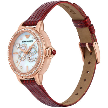 Side angle view of AR11646 Mia watch showing rose gold case, red leather strap, and white dial
