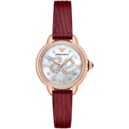 Emporio Armani Mia watch with white dial, snake crystals, rose gold case, diamond bezel, red leather strap