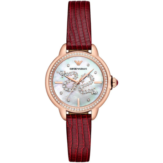 Emporio Armani Mia watch with white dial, snake crystals, rose gold case, diamond bezel, red leather strap