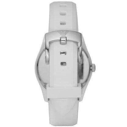 Emporio Armani Valente Ceramica watch case back with steel buckle and white silicone strap