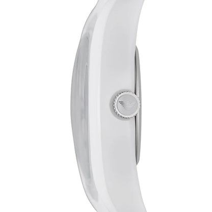 Emporio Armani Valente Ceramica watch side profile showing white ceramic case thickness